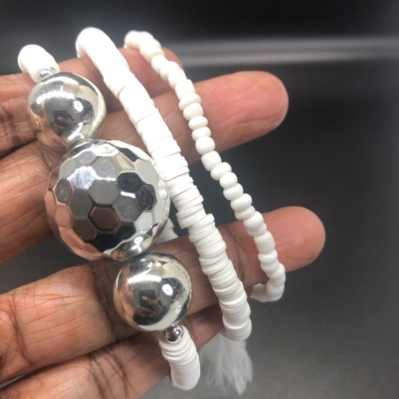 3 Piece Hand Crafted Silver Disco Ball Clay Beaded Stretch Bracelet - Picture 3 of 15